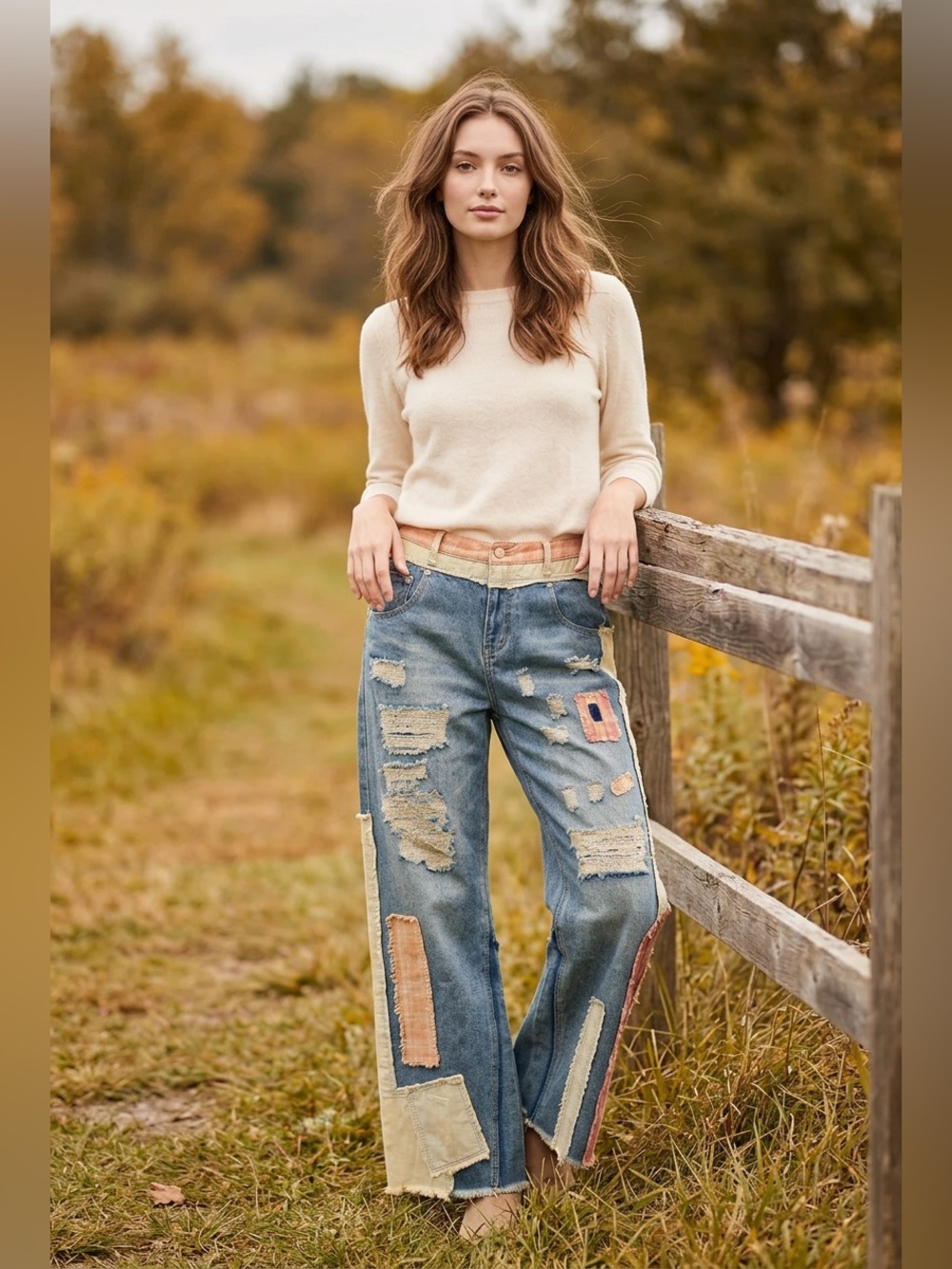 Oli & Hali Patchwork Wide-Leg Blue Jeans with Cream & Pink Accents